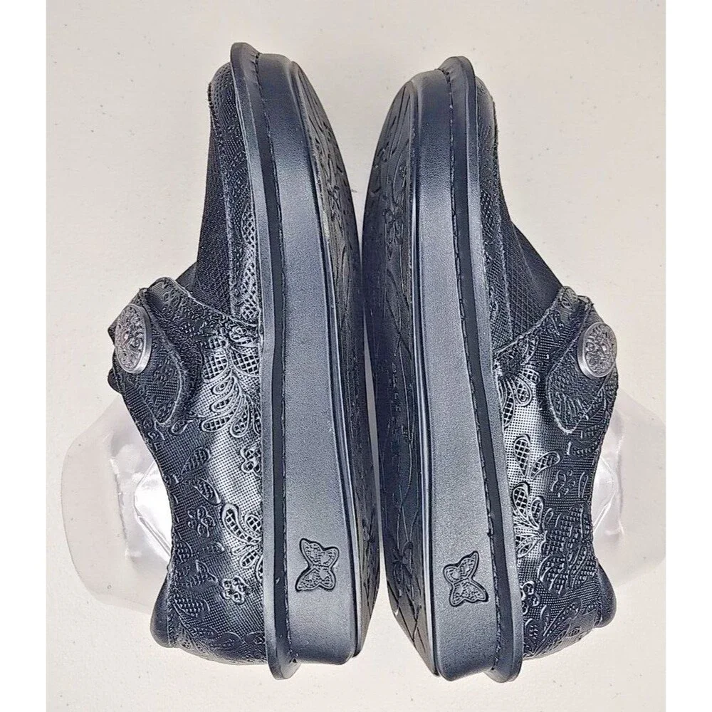 Alegria Shoes Womens 37 Brenna Hello Doily Black Leather Slip On Loafers 7 7.5